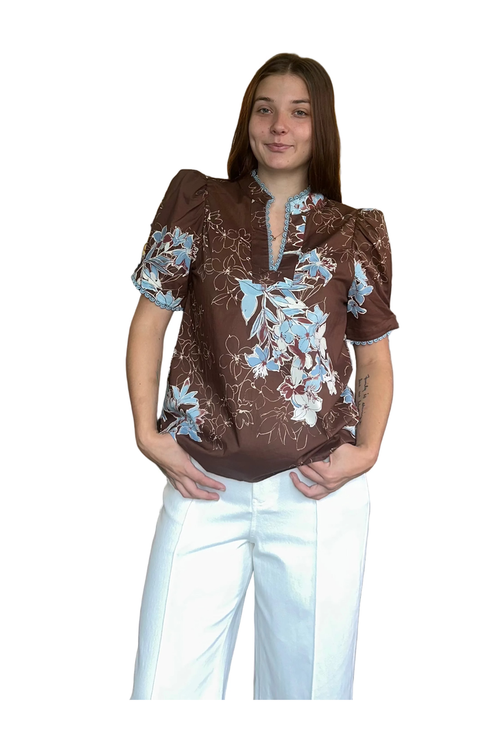 Entro Brown Floral Ruffle Neck Blouse | Women’s Fall Top - Vintage Dragonfly Boutique