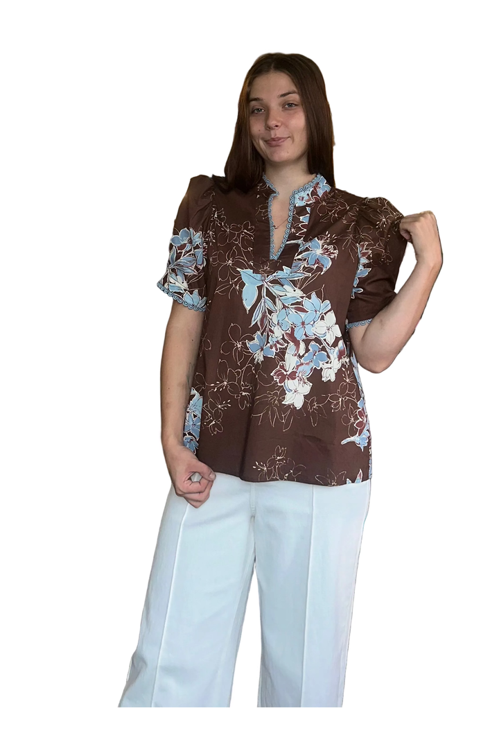 Entro Brown Floral Ruffle Neck Blouse | Women’s Fall Top - Vintage Dragonfly Boutique