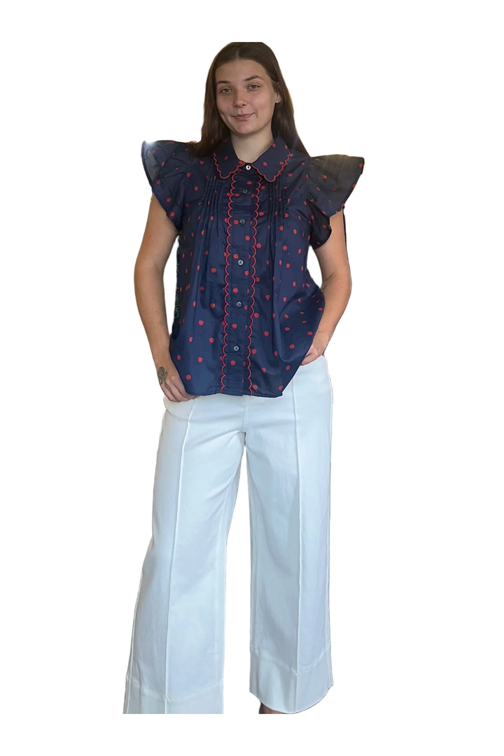 Entro Navy and Red Ruffle Sleeve Button-Down Blouse