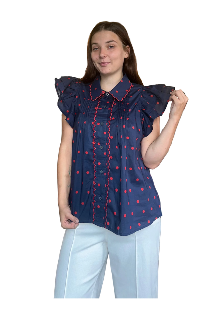 Entro Navy and Red Ruffle Sleeve Button-Down Blouse