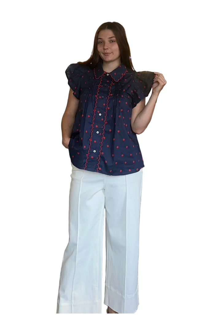 Entro Navy and Red Ruffle Sleeve Button-Down Blouse