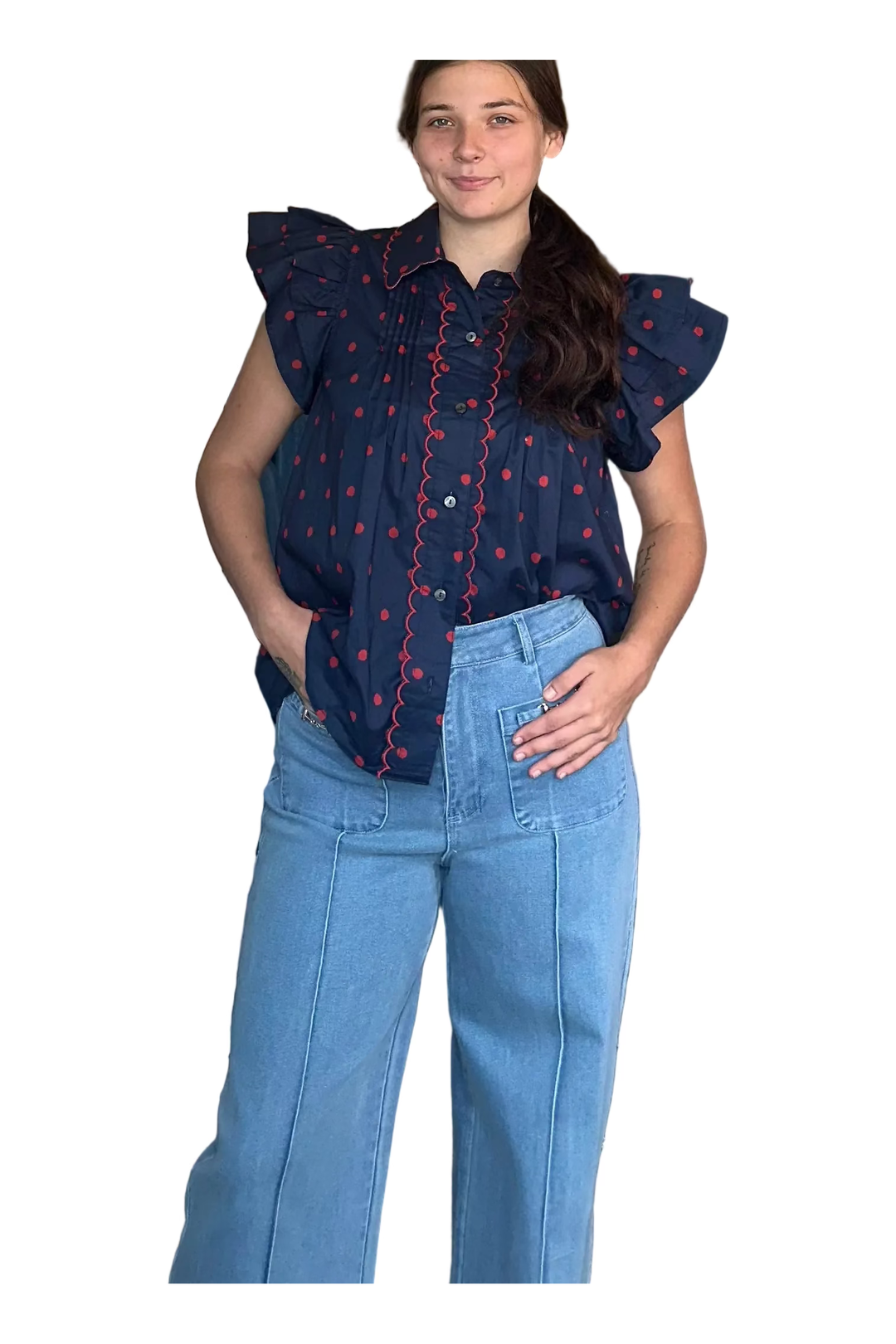Entro Navy and Red Ruffle Sleeve Button-Down Blouse - Vintage Dragonfly Boutique