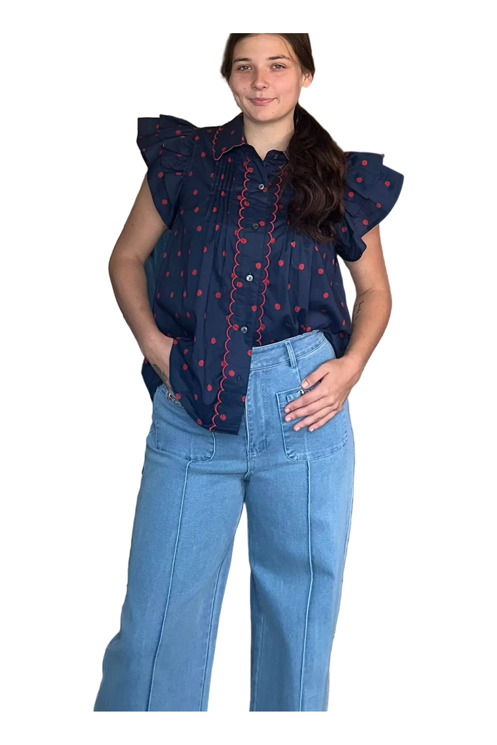 Entro Navy and Red Ruffle Sleeve Button-Down Blouse - Vintage Dragonfly Boutique