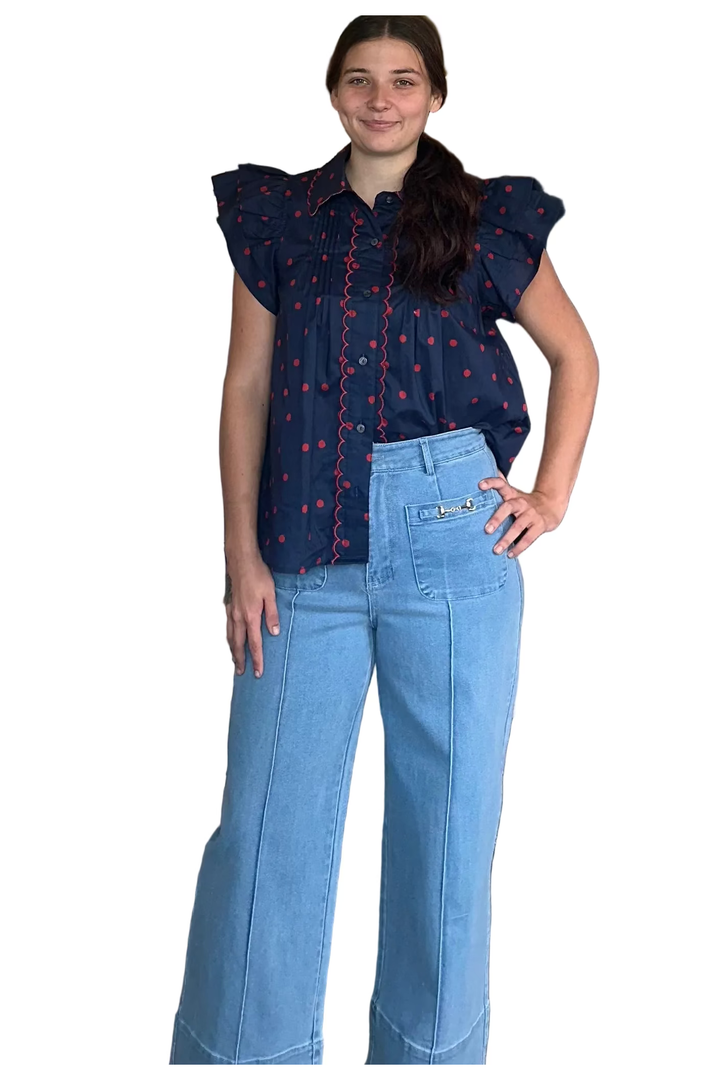 Entro Navy and Red Ruffle Sleeve Button-Down Blouse - Vintage Dragonfly Boutique