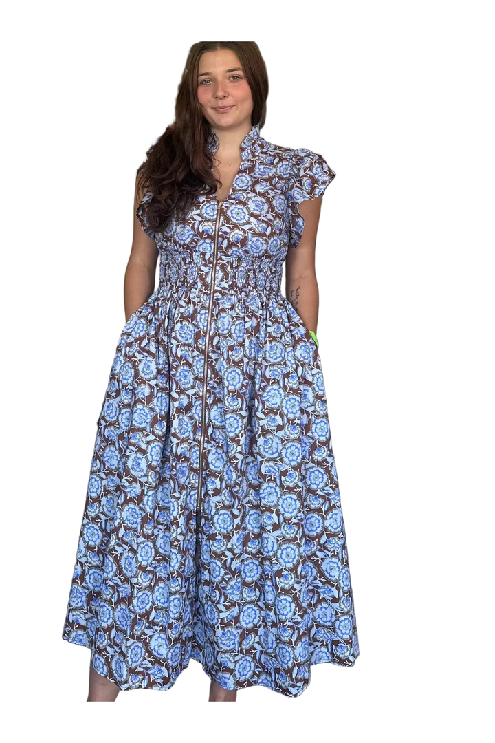 Entro Brown Floral Zip Front Midi Dress with Blue Floral Print - Vintage Dragonfly Boutique