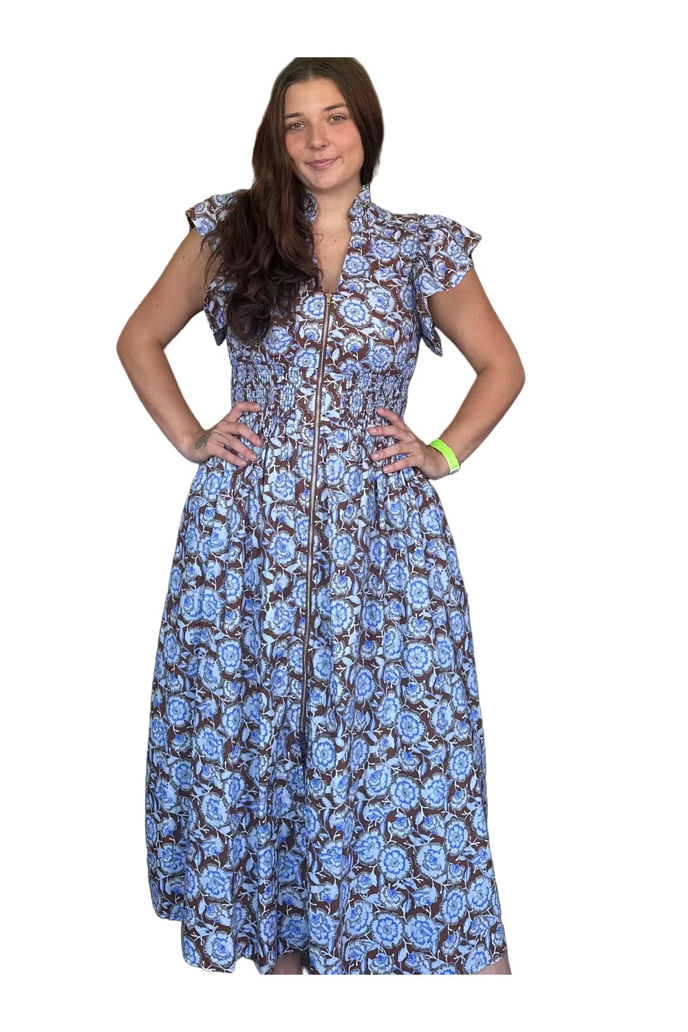 Entro Brown Floral Zip Front Midi Dress with Blue Floral Print - Vintage Dragonfly Boutique