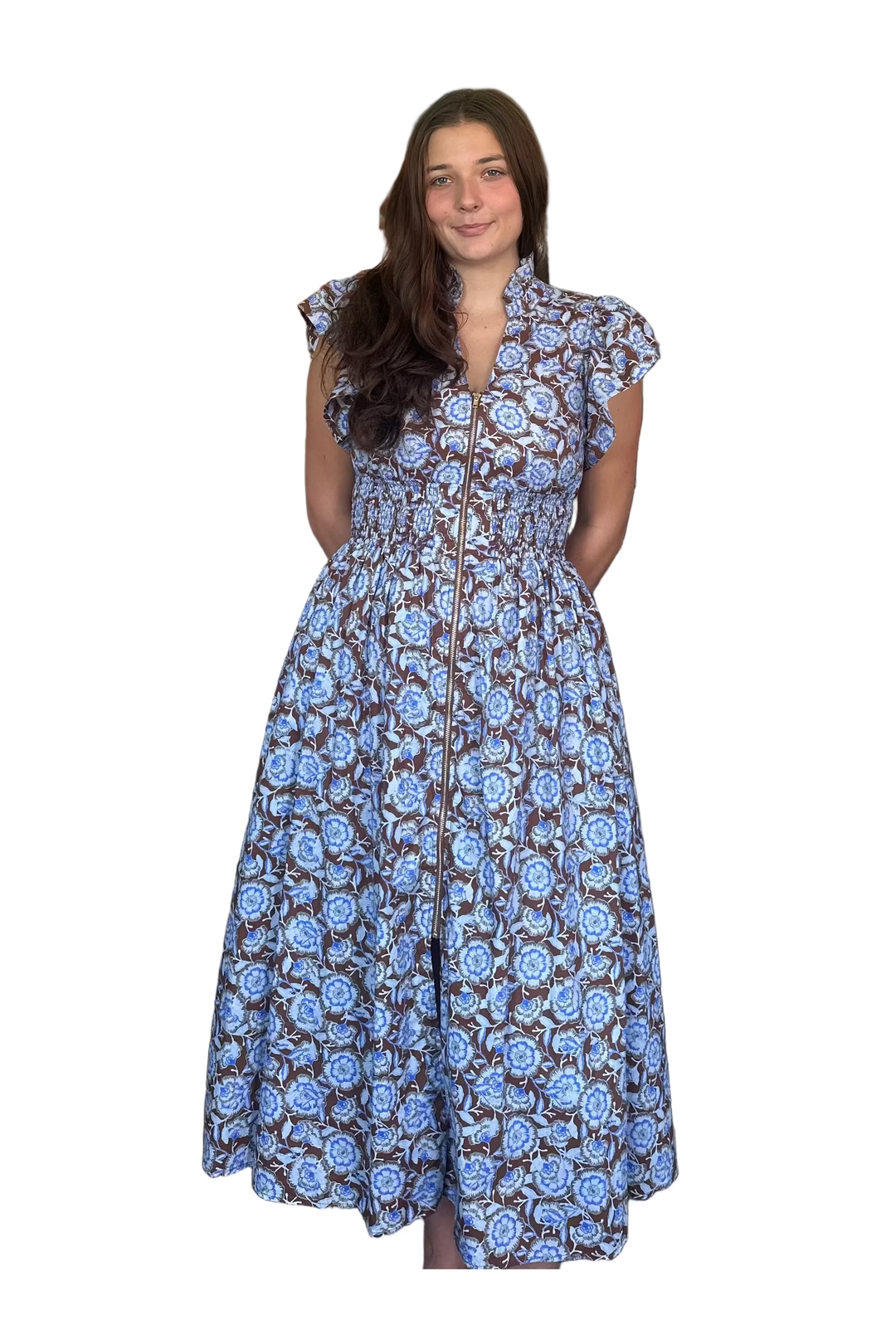 Entro Brown Floral Zip Front Midi Dress with Blue Floral Print - Vintage Dragonfly Boutique