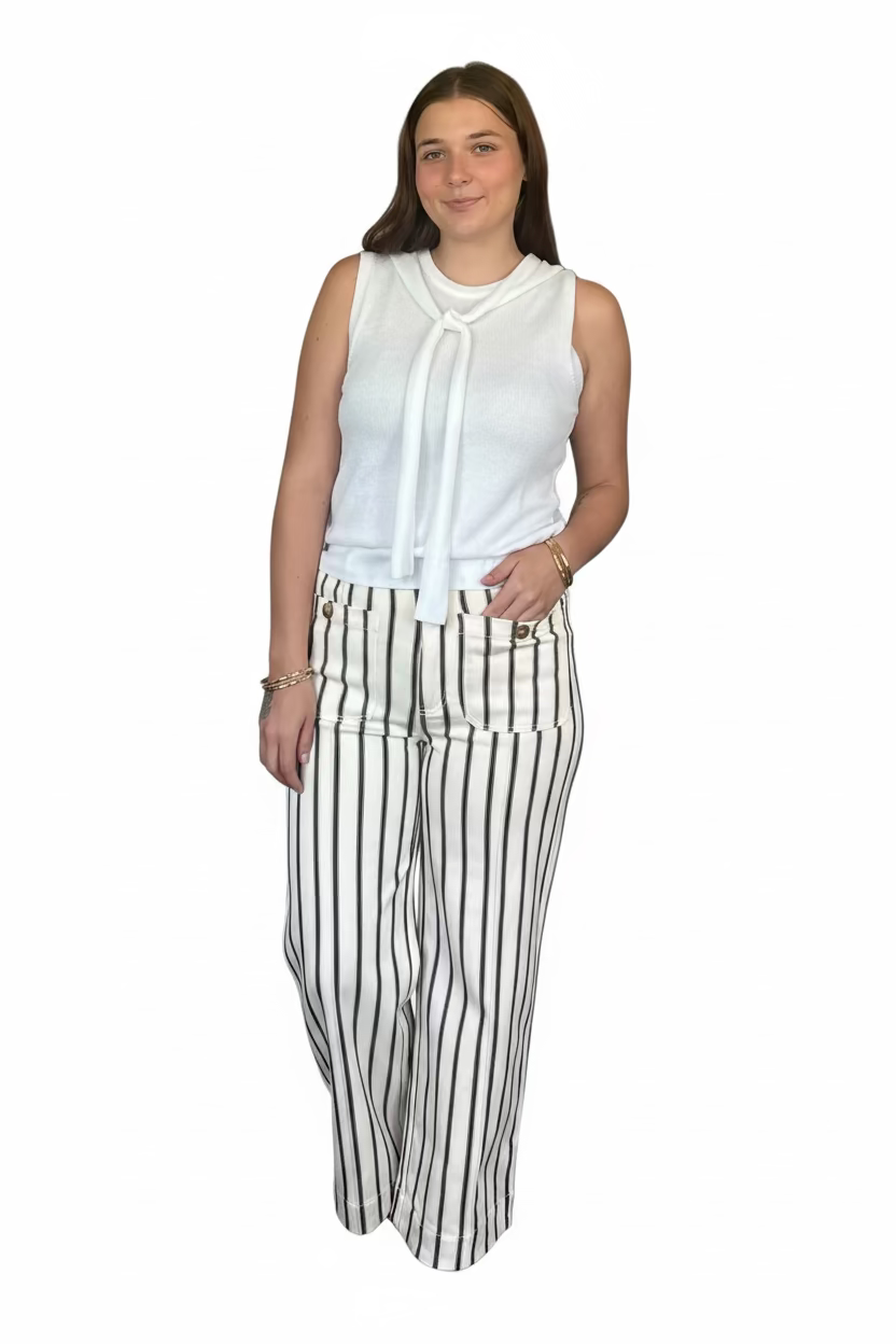 Entro Brown Stripe Wide Leg Pants | High Waist Cream &amp; Brown Fall Trousers - Vintage Dragonfly Boutique