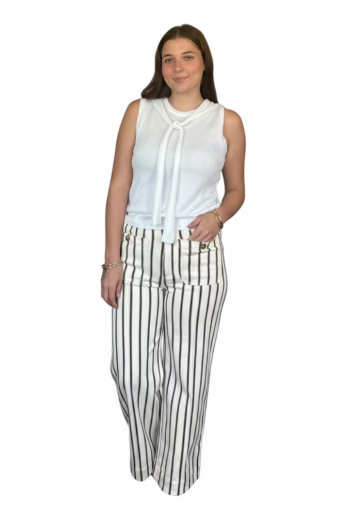 Entro Brown Stripe Wide Leg Pants | High Waist Cream &amp; Brown Fall Trousers - Vintage Dragonfly Boutique
