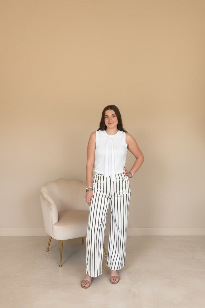 Entro Brown Stripe Wide Leg Pants | High Waist Cream &amp; Brown Fall Trousers - Vintage Dragonfly Boutique