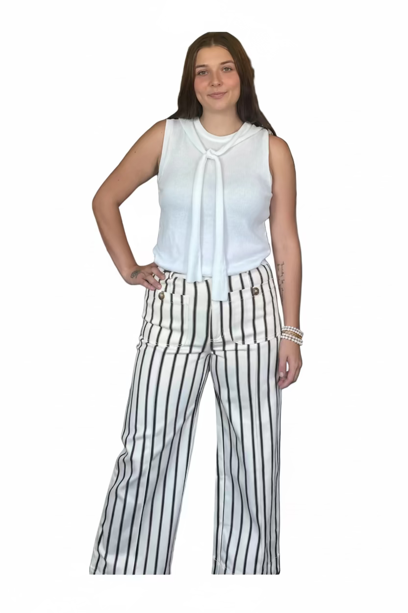 Entro Brown Stripe Wide Leg Pants | High Waist Cream &amp; Brown Fall Trousers - Vintage Dragonfly Boutique