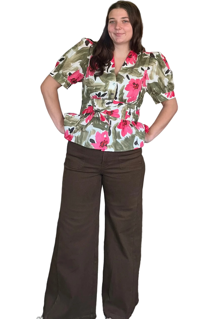 Entro Olive Floral Peplum Top | Flattering Fall Blouse for Women