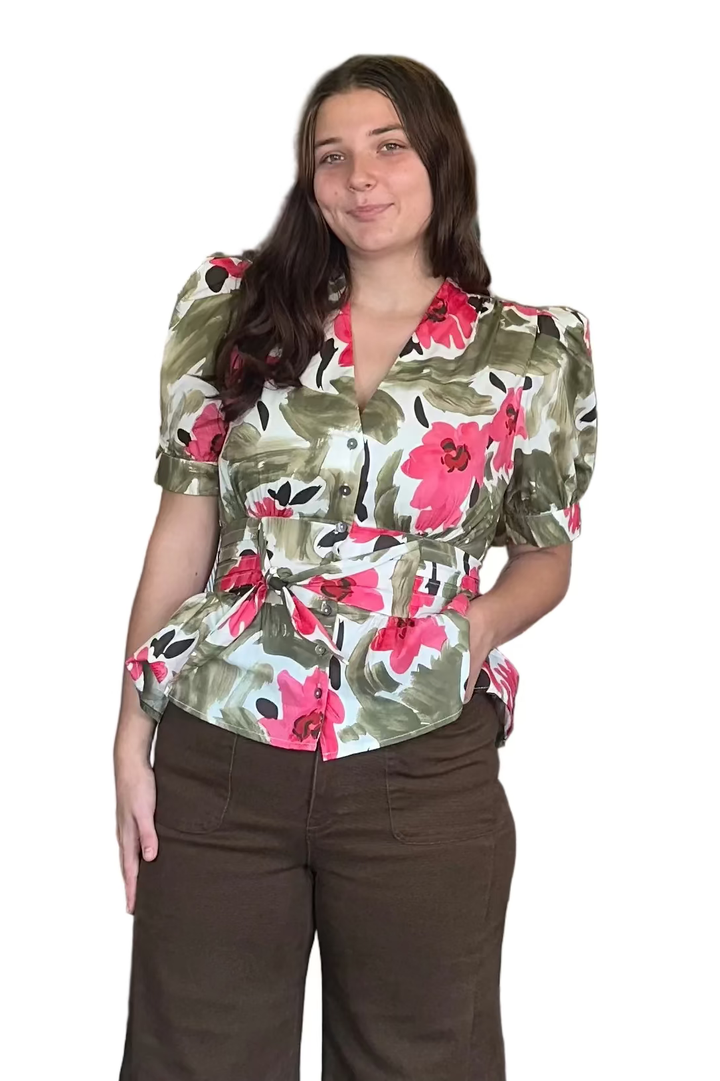 Entro Olive Floral Peplum Top | Flattering Fall Blouse for Women