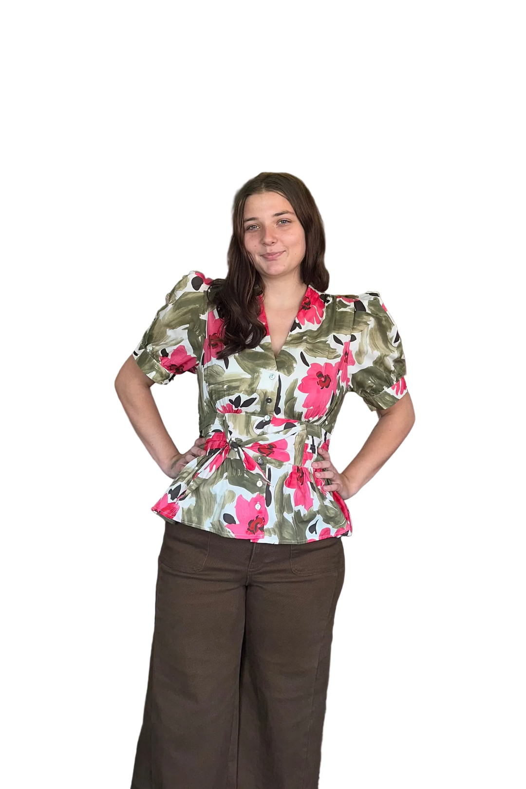 Entro Olive Floral Peplum Top | Flattering Fall Blouse for Women