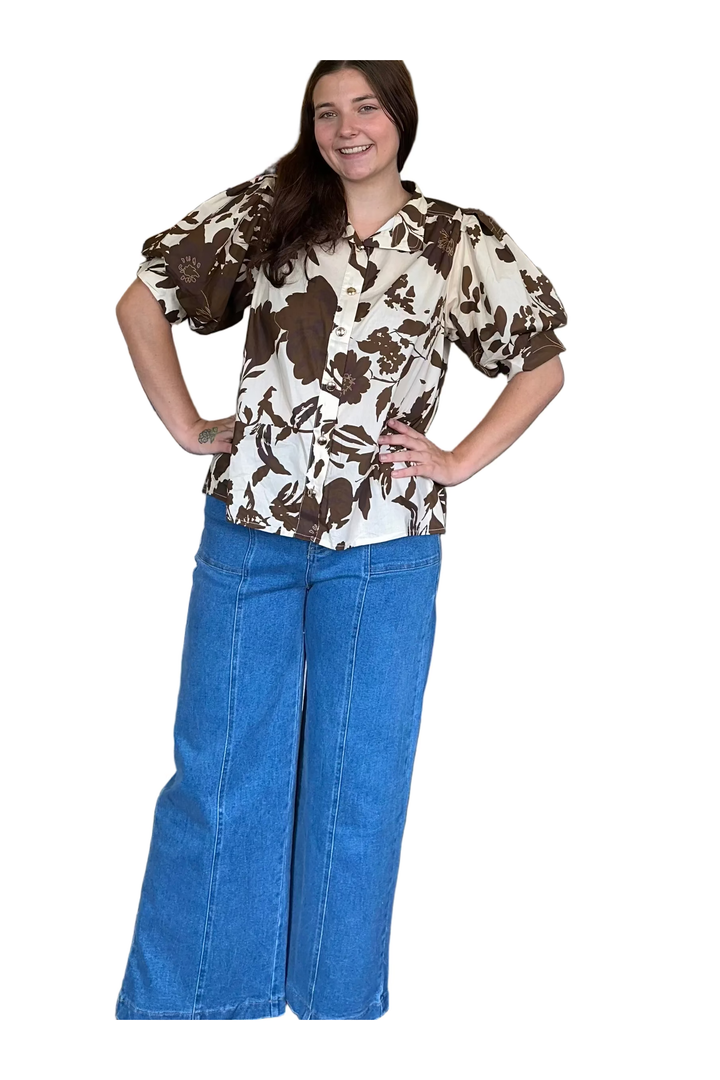 Entro Chocolate Floral Puff Sleeve Button Front Blouse