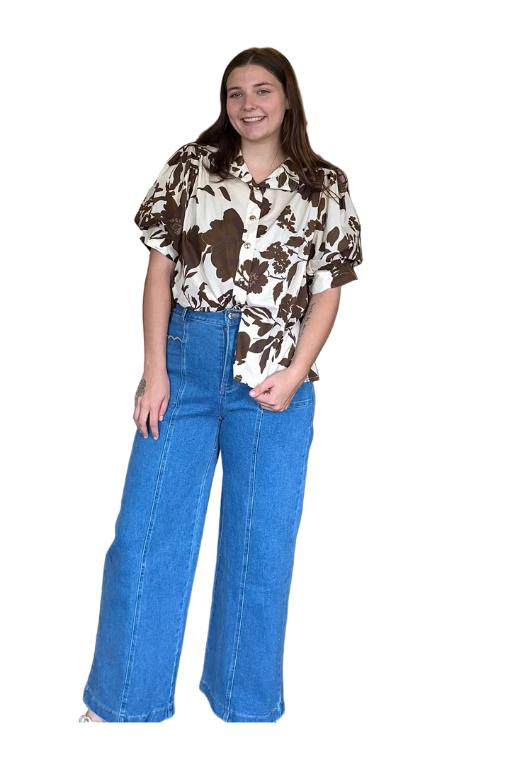 Entro Chocolate Floral Puff Sleeve Button Front Blouse