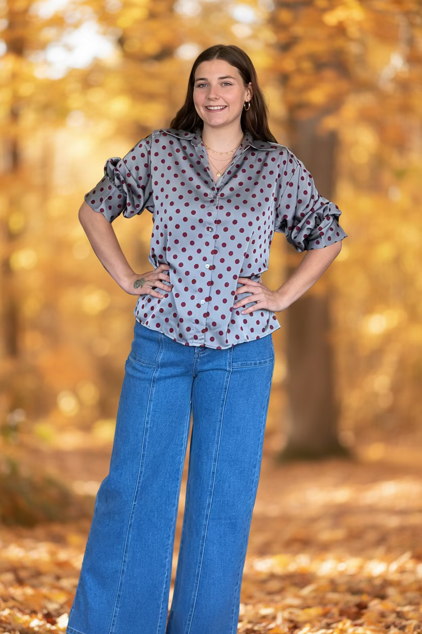 Entro Gray &amp; Burgundy Polka Dot Satin Button-Up Blouse - Vintage Dragonfly Boutique