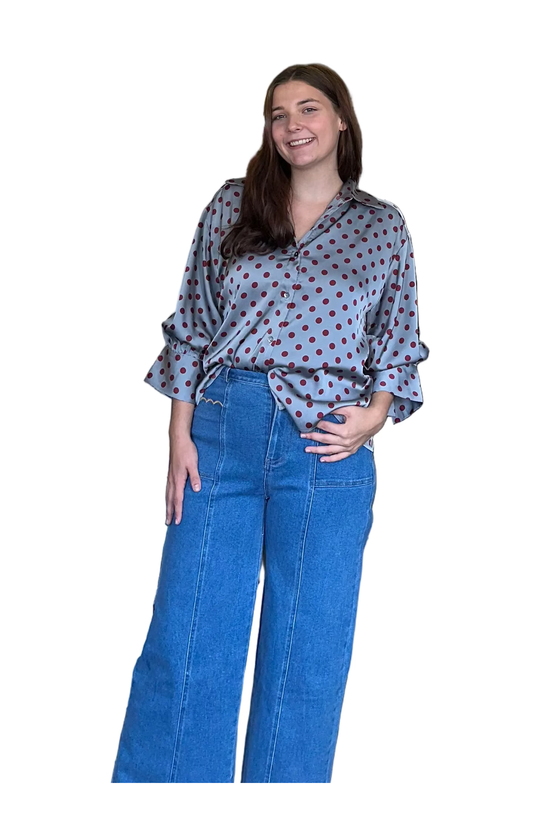 Entro Gray & Burgundy Polka Dot Satin Button-Up Blouse - Vintage Dragonfly Boutique