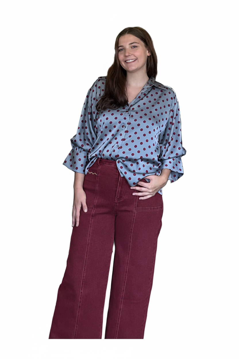 Entro Gray &amp; Burgundy Polka Dot Satin Button-Up Blouse - Vintage Dragonfly Boutique
