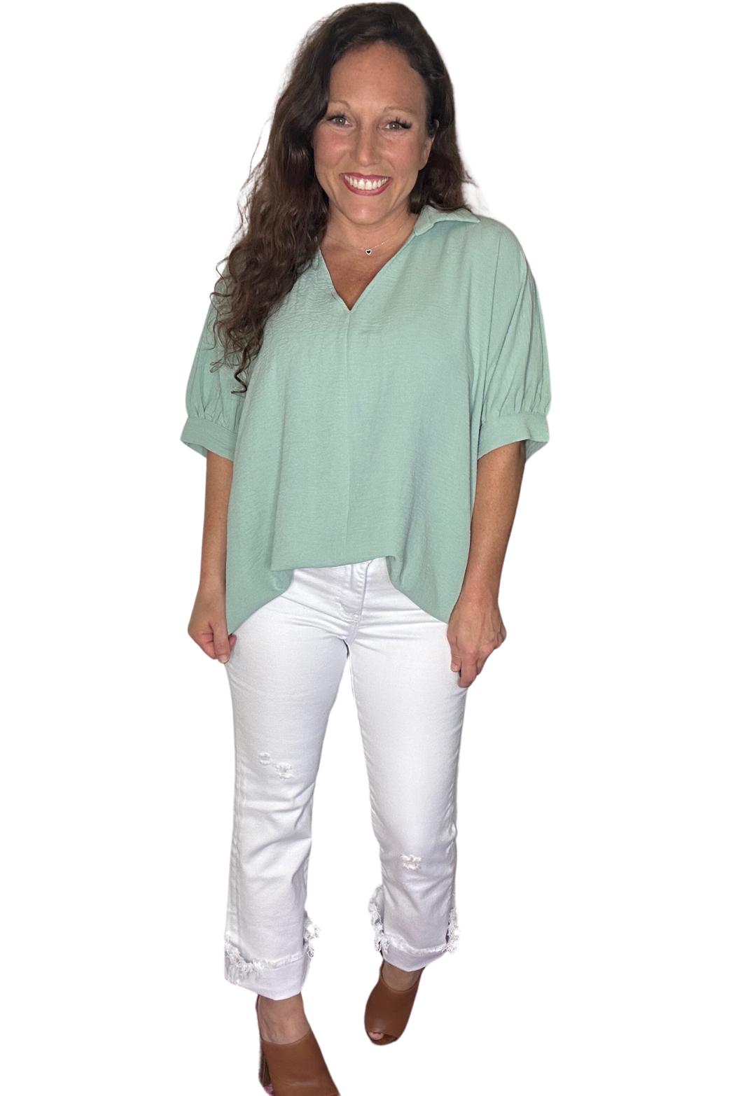 Jodifl - Solid Color Collared Top with Short Dolman Sleeves and Banded Cuffs - Vintage Dragonfly Boutique