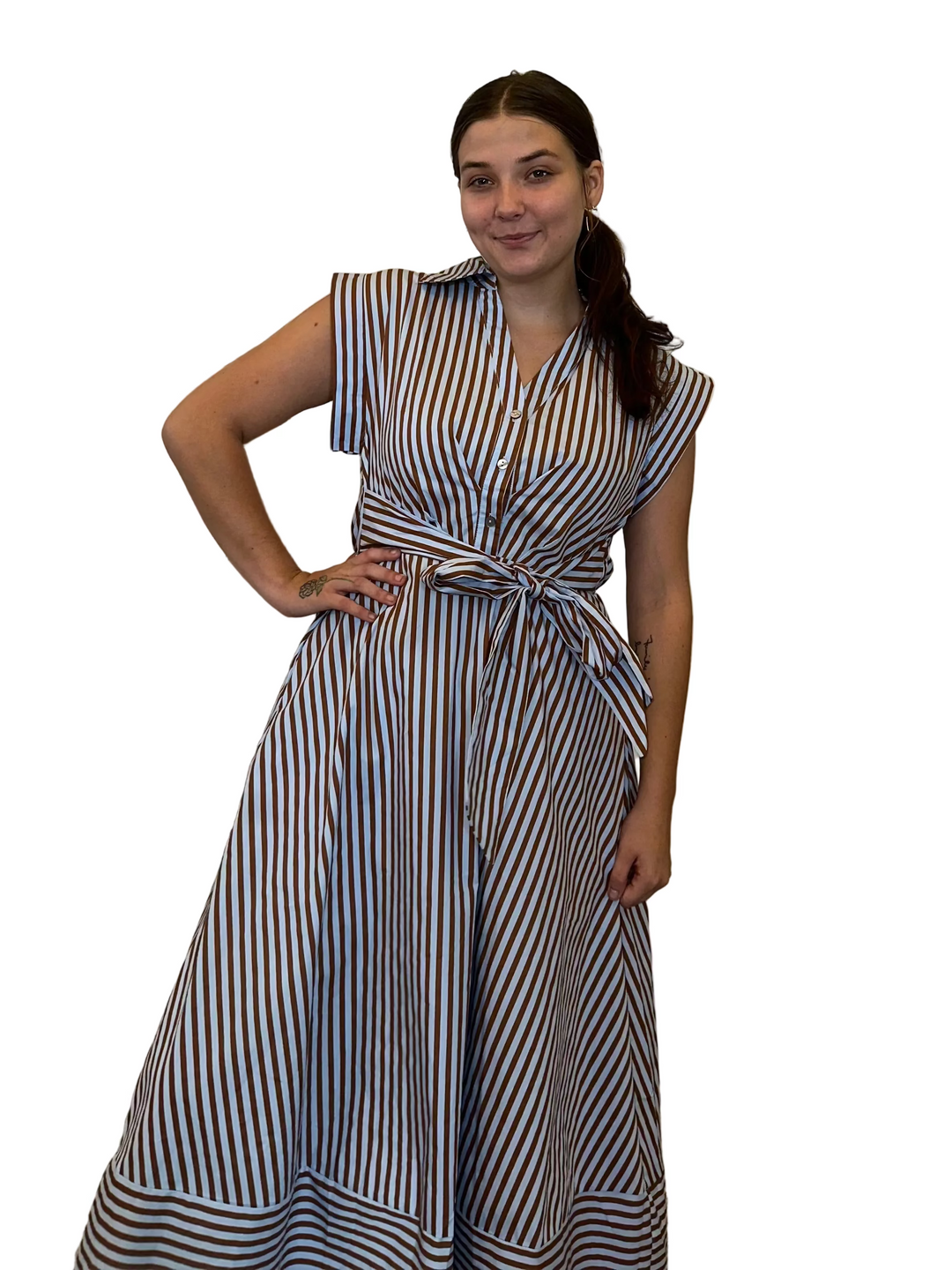 Entro Blue and Brown Striped Tie-Waist Midi Dress