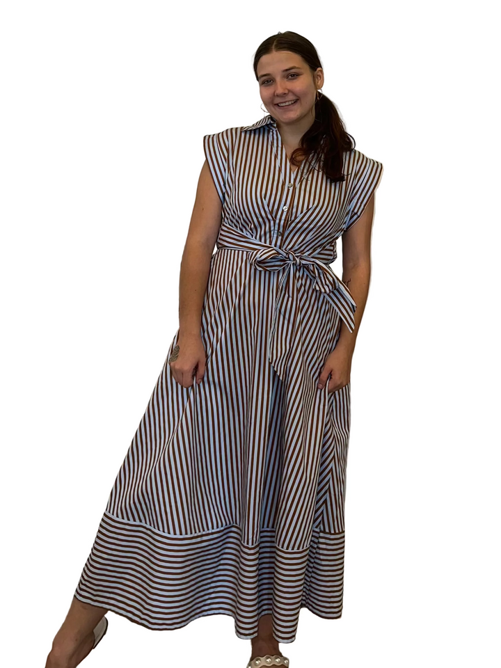 Entro Blue and Brown Striped Tie-Waist Midi Dress