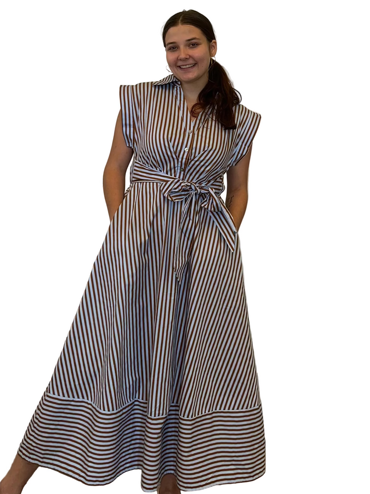 Entro Blue and Brown Striped Tie-Waist Midi Dress