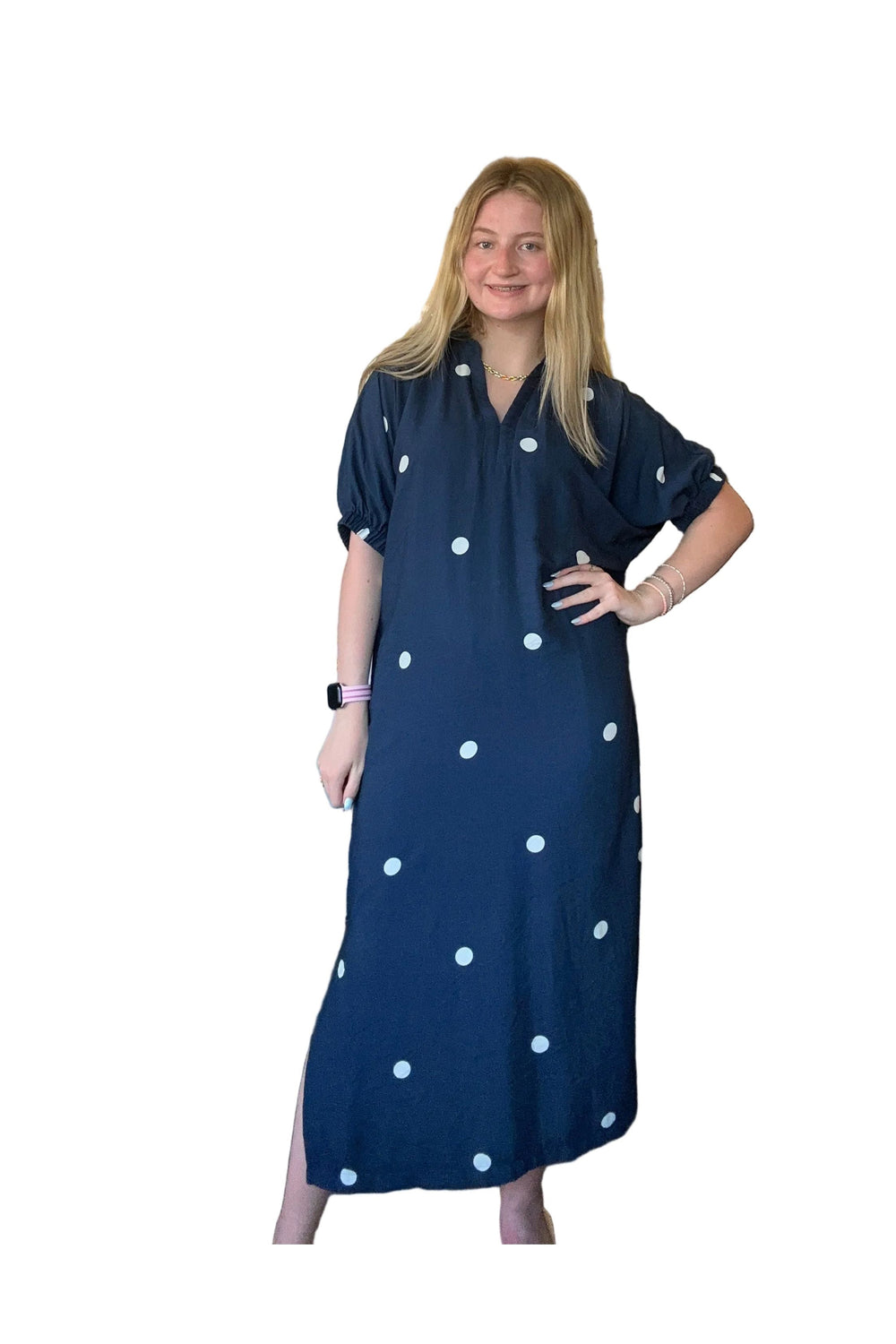 Entro Navy Polka Dot Midi Dress | Classic Women’s Boutique Dress - Vintage Dragonfly Boutique