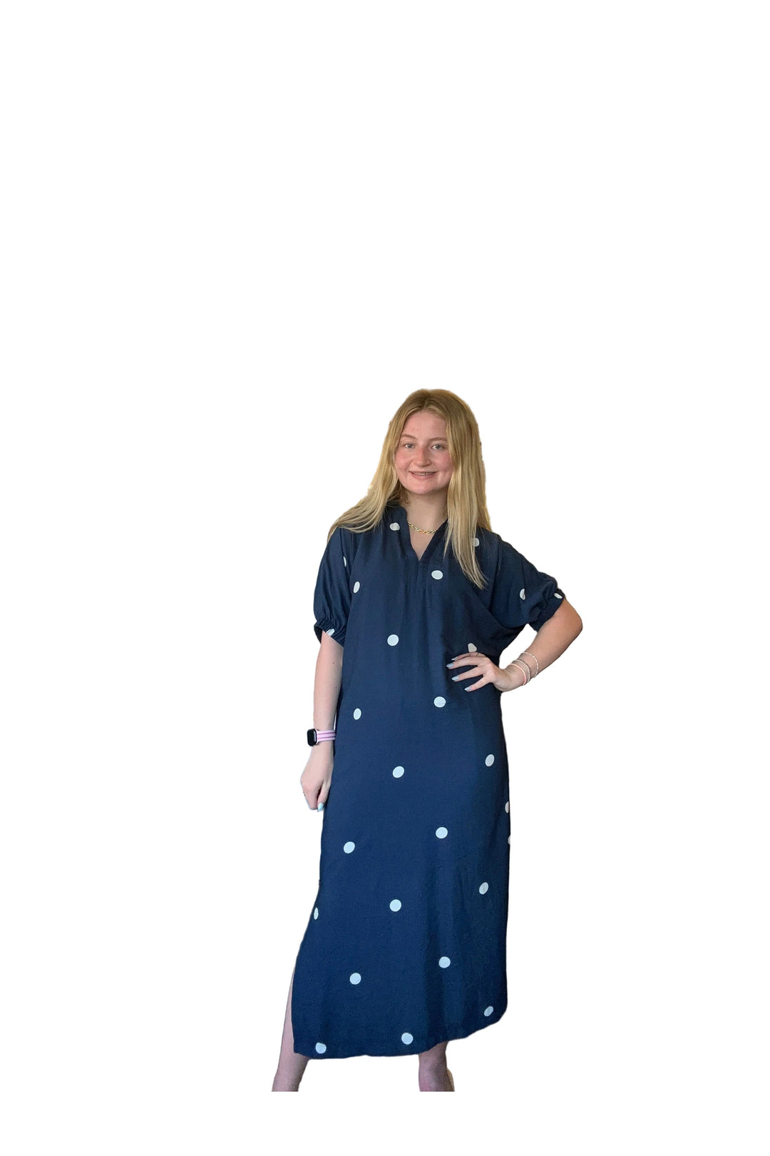 Entro Navy Polka Dot Midi Dress | Classic Women’s Boutique Dress