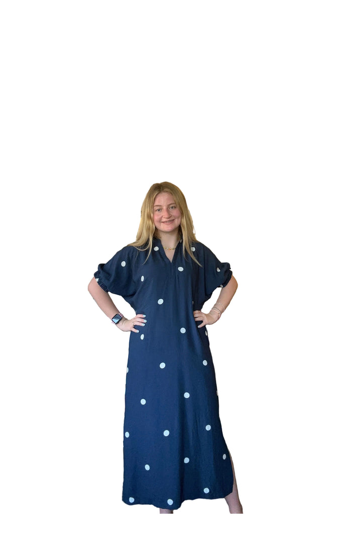 Entro Navy Polka Dot Midi Dress | Classic Women’s Boutique Dress