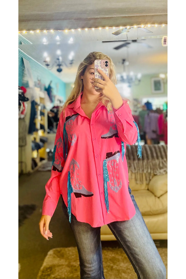 Hot Pink Top with Sequins Boots with Fringe - Vintage Dragonfly