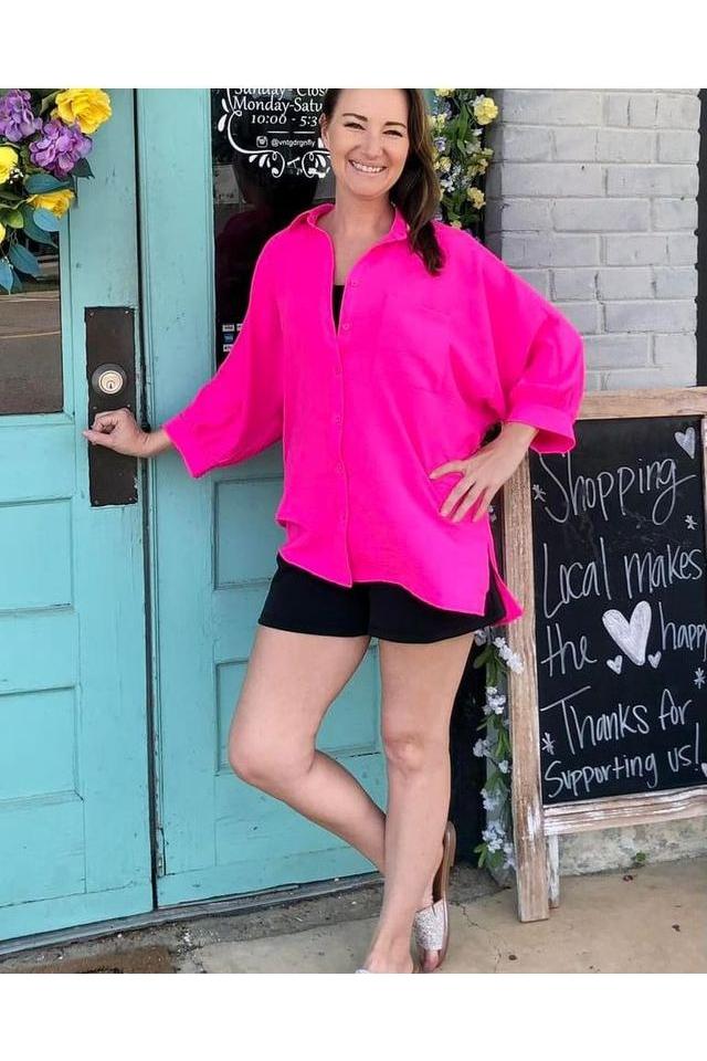 Hot Pink Button Front Split Cuff 3/4 Length Sleeve Top - Vintage Dragonfly