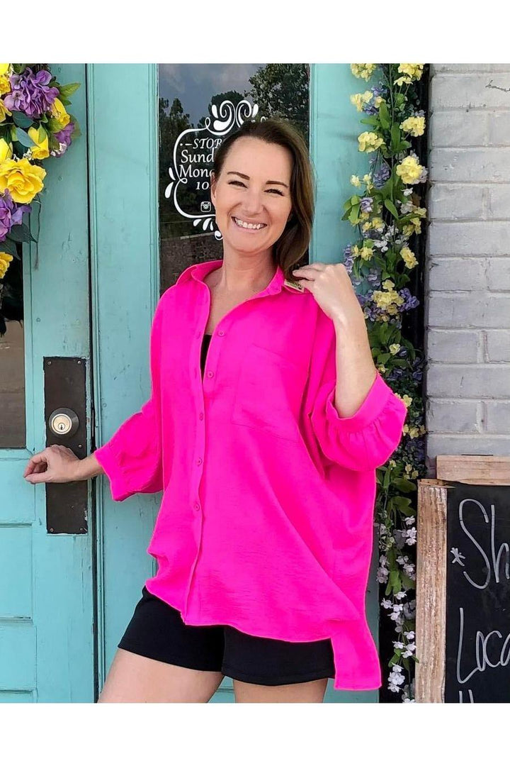 Hot Pink Button Front Split Cuff 3/4 Length Sleeve Top - Vintage Dragonfly