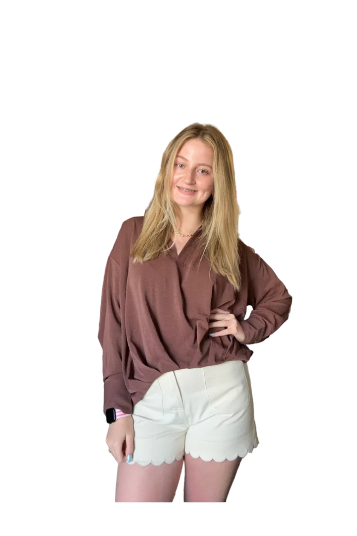 Entro Chocolate Brown Button Sleeve V-Neck Top | Women’s Boutique Blouse - Vintage Dragonfly Boutique