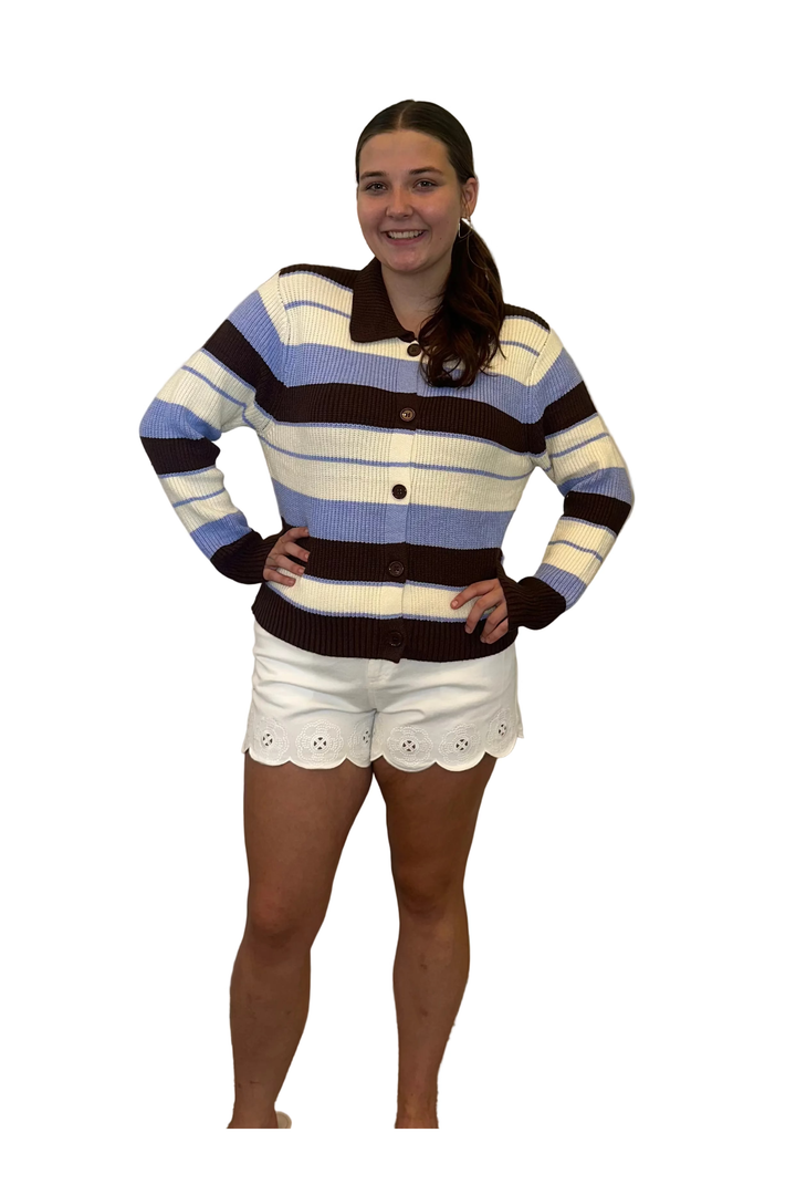 Entro Chocolate Striped Collared Cardigan