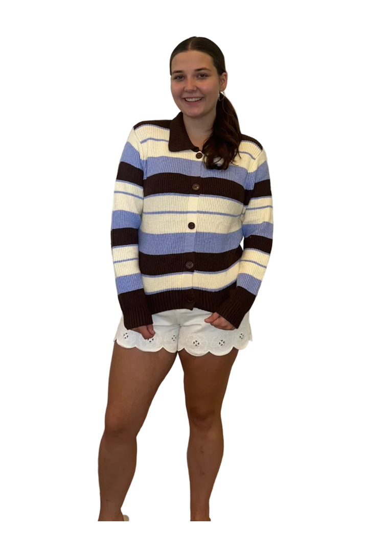 Entro Chocolate Striped Collared Cardigan