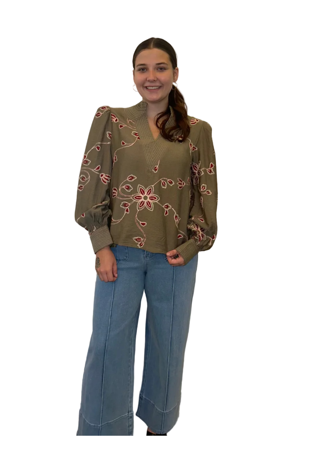 Entro Floral Embroidered Collared Top