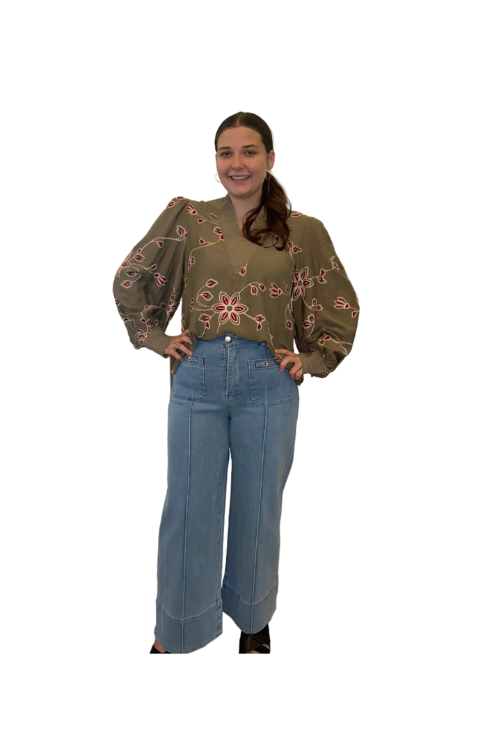Entro Floral Embroidered Collared Top