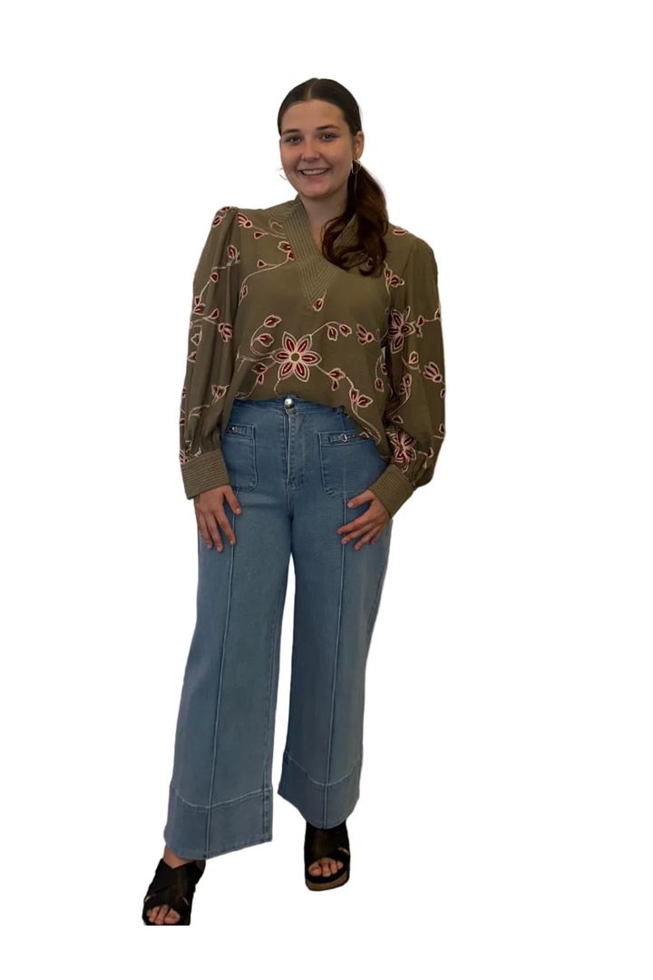 Entro Floral Embroidered Collared Top