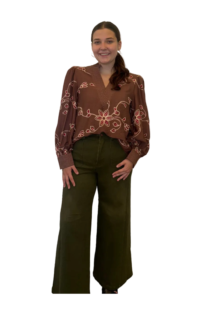 Entro Floral Embroidered Collared Top
