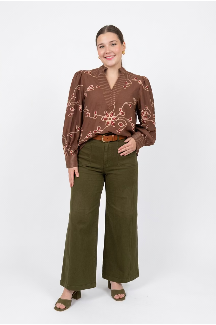 Entro Floral Embroidered Collared Top - Vintage Dragonfly Boutique