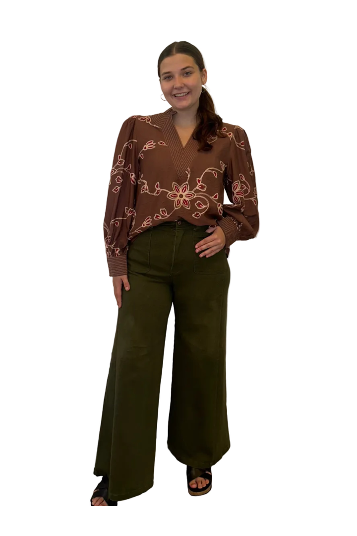 Entro Floral Embroidered Collared Top