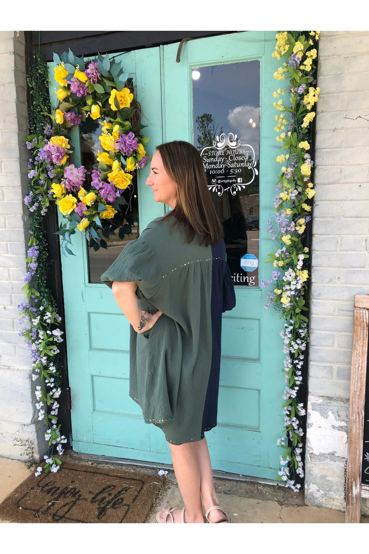 Green and Navy Color Block Dress - Vintage Dragonfly
