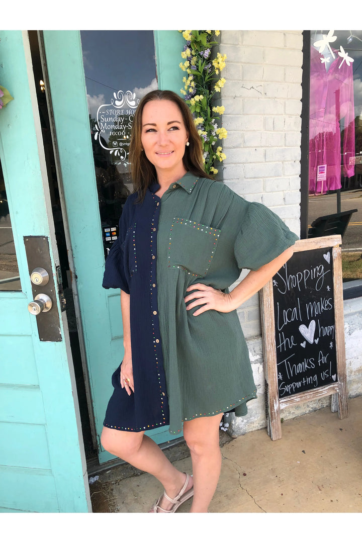 Green and Navy Color Block Dress - Vintage Dragonfly