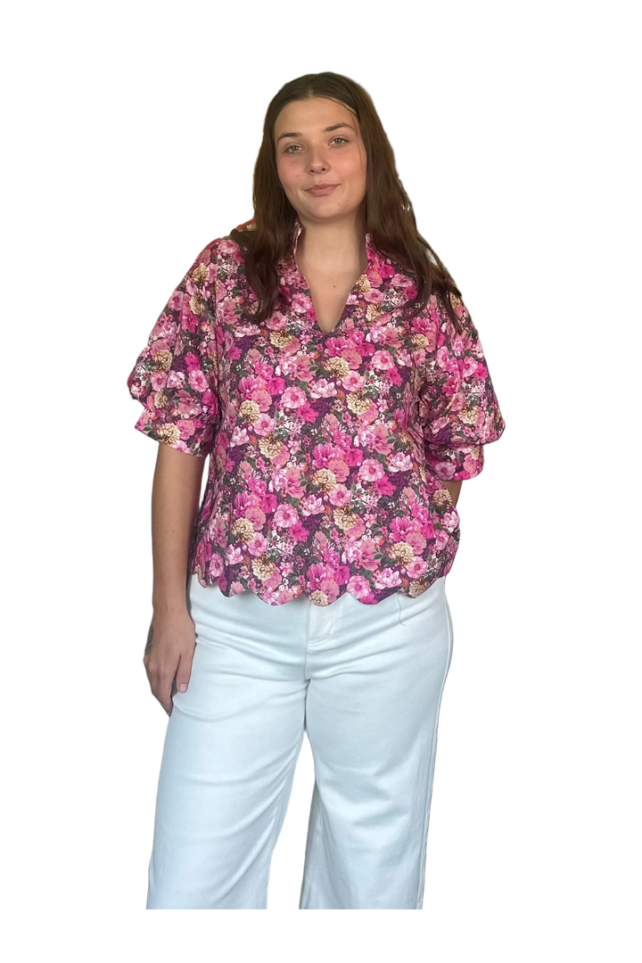 Entro Floral Scalloped Hem Blouse | Pink Botanical Women’s Top - Vintage Dragonfly Boutique