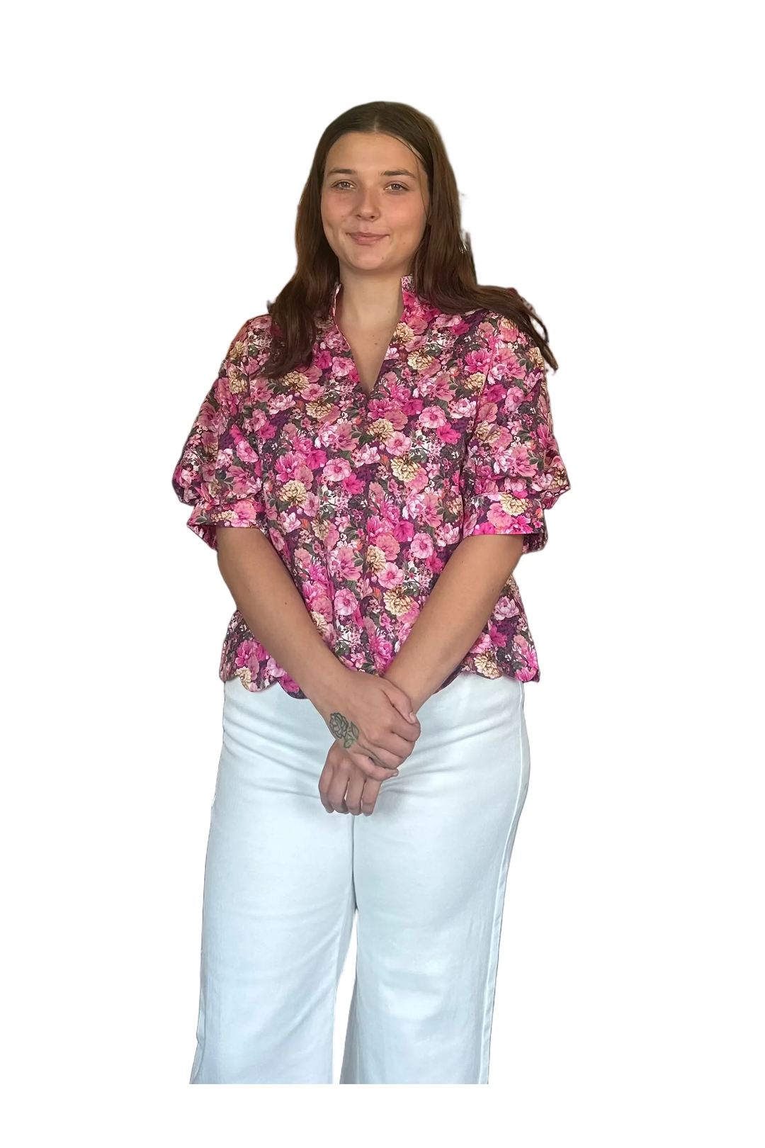 Entro Floral Scalloped Hem Blouse | Pink Botanical Women’s Top - Vintage Dragonfly Boutique