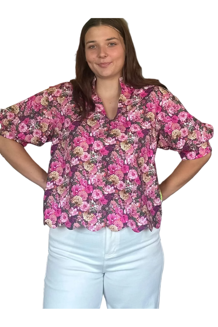 Entro Floral Scalloped Hem Blouse | Pink Botanical Women’s Top - Vintage Dragonfly Boutique