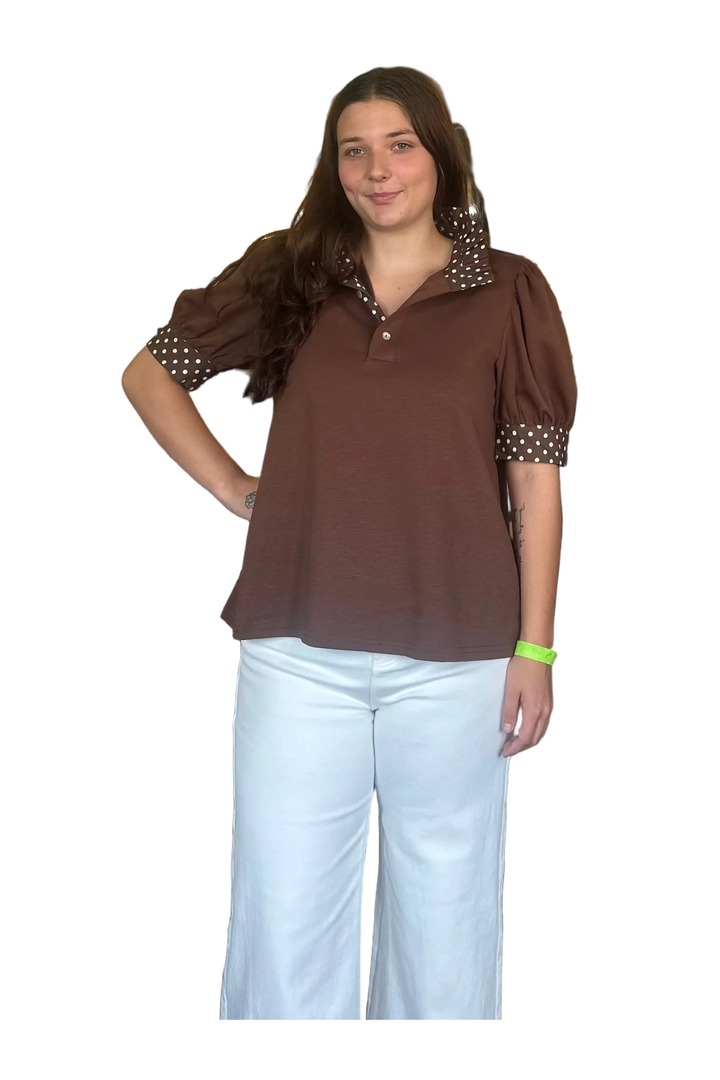 Entro Polka Dot Trim Puff Sleeve Top – Black or Brown