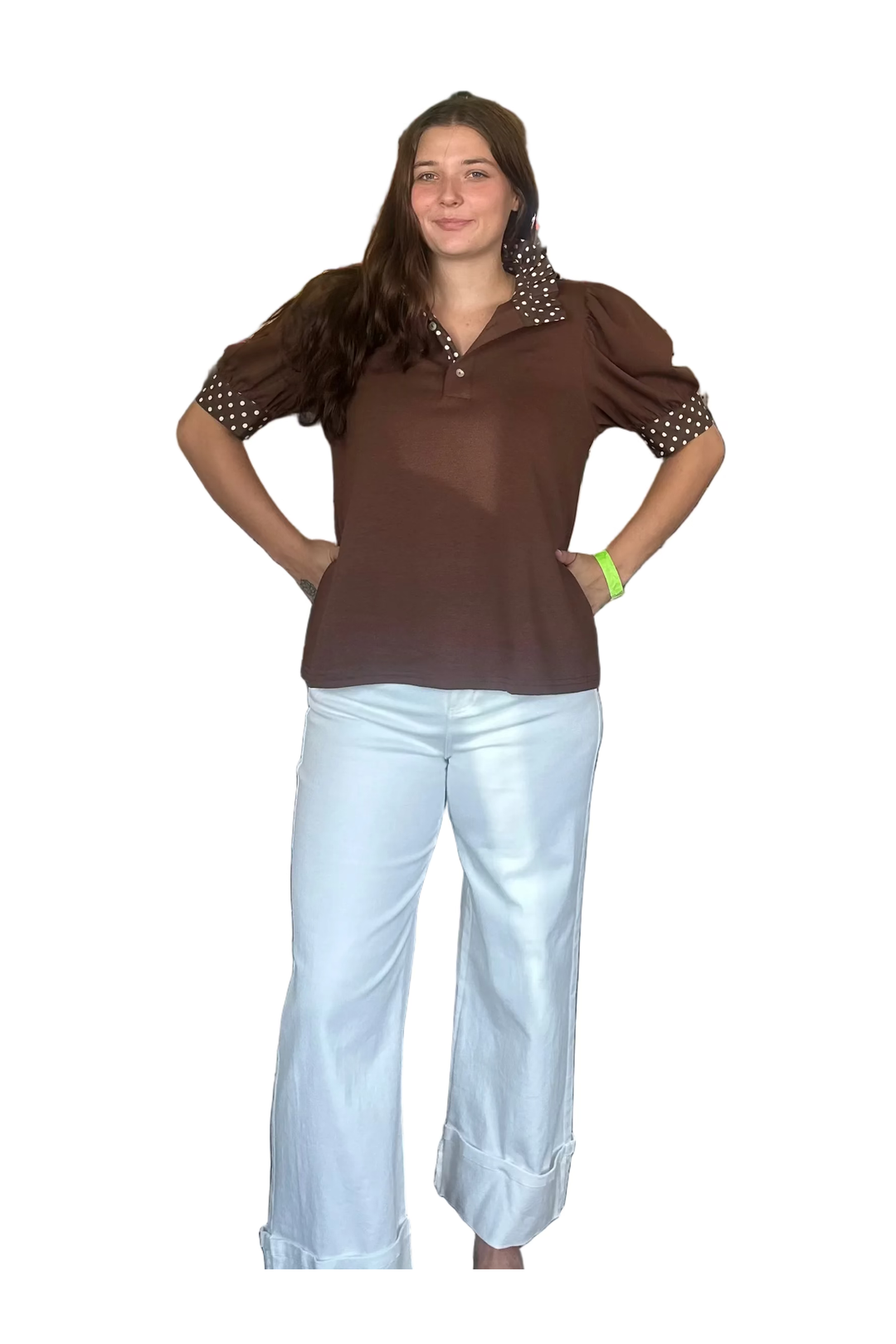 Entro Polka Dot Trim Puff Sleeve Top – Black or Brown
