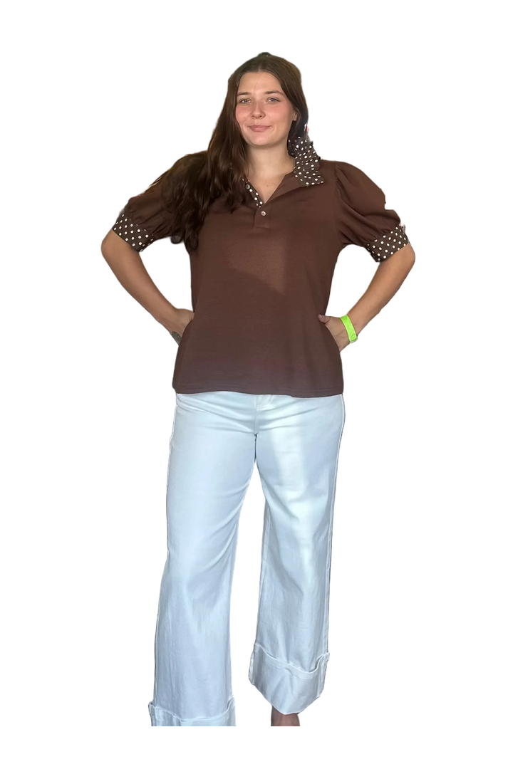 Entro Polka Dot Trim Puff Sleeve Top – Black or Brown